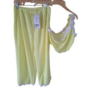 New Jordan Set Terry Lemon Crop Top & Pants Elastic Waist Rickrack Details Large